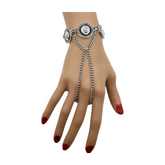 New Women Silver Metal Hand Chain Bracelet Connected Ring Lion Coin Medallion Charms